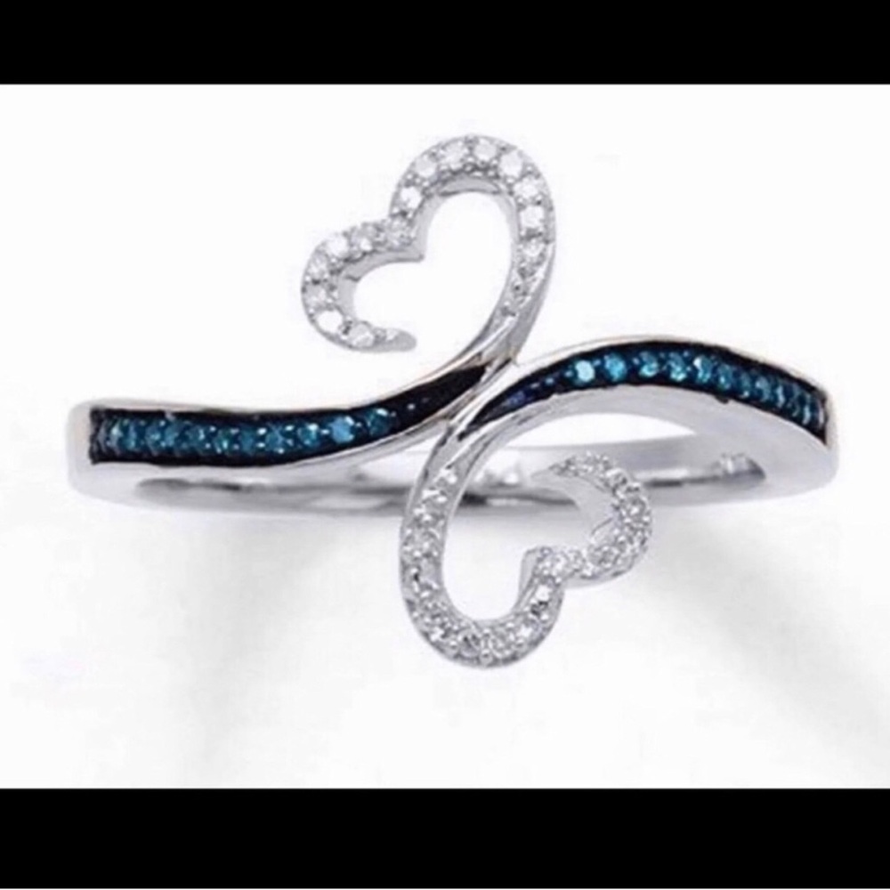 Sterling Silver Double Heart Blue Diamond Accent Ring